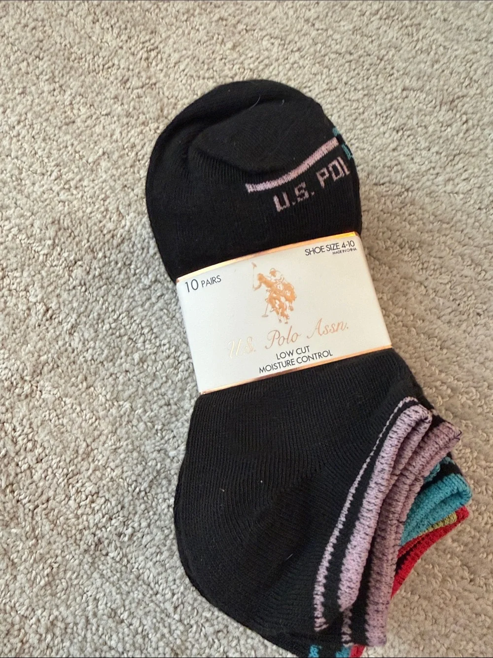 U.S. Polo Assn. Black Low-Cut Socks with Pink, Teal & Red Trim